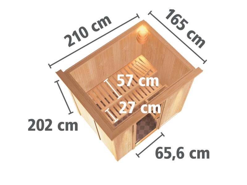 Karibu Sauna Bodin inkl. 9 kW Ofen integr. Steuerung, mit energiesparender Saunatür -mit Dachkranz-