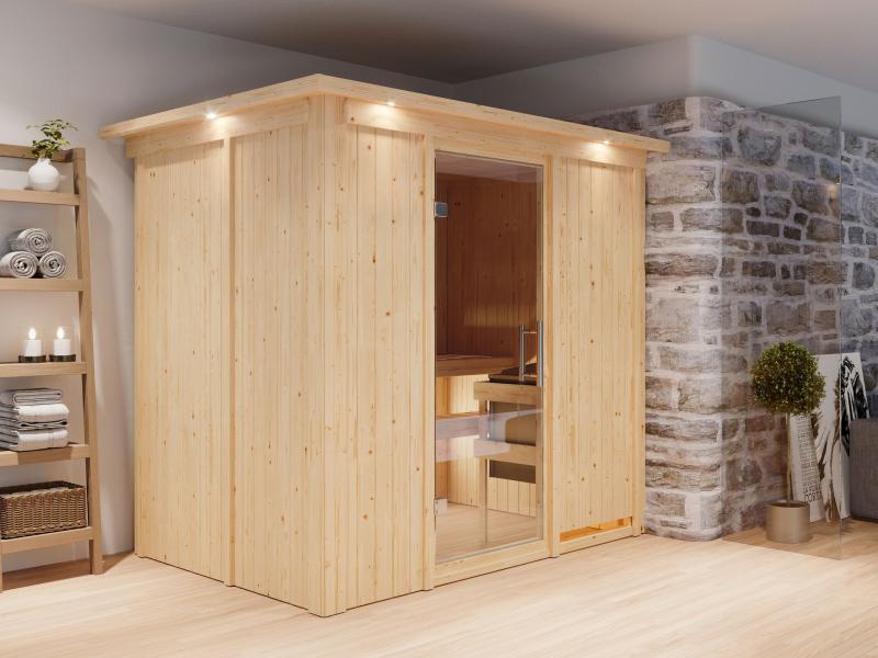 Karibu Sauna Bodin inkl. 9 kW Ofen integr. Steuerung mit Klarglas Ganzglastür -mit Dachkranz-