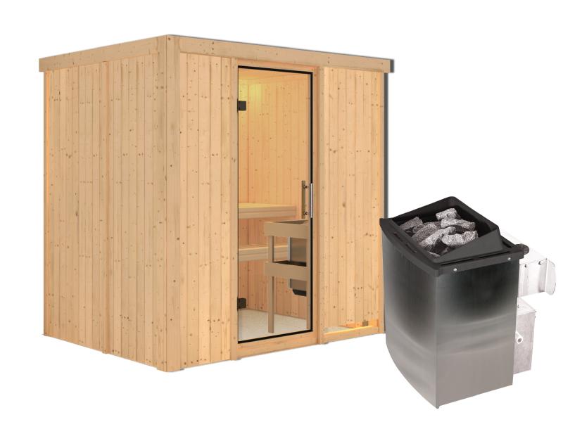 Karibu Sauna Bodin inkl. 9 kW Ofen mit integr. Steuerung, mit klarglas Ganzglastür -ohne Dachkranz-