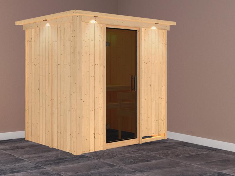 Karibu Sauna Bodin ohne Ofen, mit Dachkranz, mit moderner Saunatür