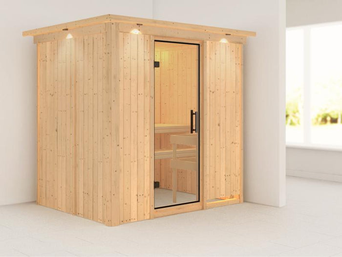 Karibu Sauna Bodin ohne Ofen, mit Dachkranz, mit Ganzglas Klarglastür