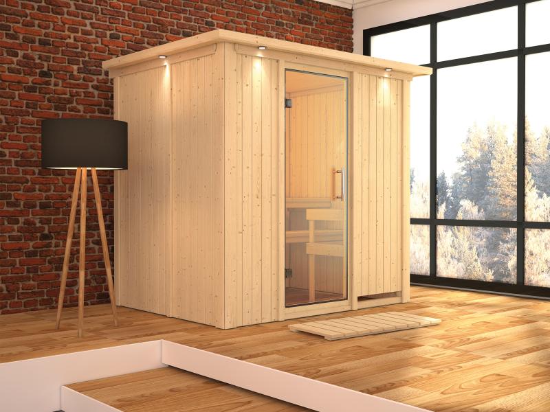 Karibu Sauna Bodin ohne Ofen, mit Dachkranz, mit Ganzglas Klarglastür