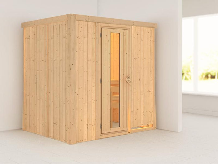 Karibu Sauna Bodin ohne Ofen, ohne Dachkranz, mit energiesparender Saunatür