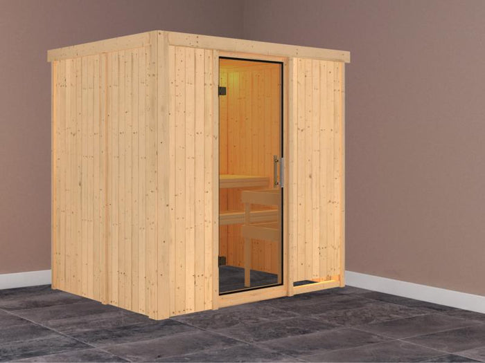 Karibu Sauna Bodin ohne Ofen, ohne Dachkranz, mit Ganzglas Klarglastür