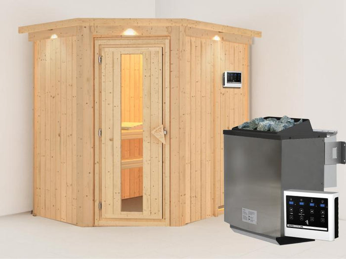 Karibu Sauna Carin inkl. 9 kW Bioofen ext. Steuerung mit energiesparender Saunatür - mit Dachkranz -