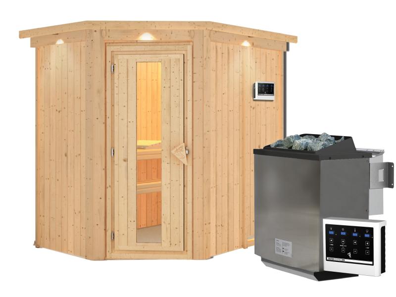 Karibu Sauna Carin inkl. 9 kW Bioofen ext. Steuerung mit energiesparender Saunatür - mit Dachkranz -