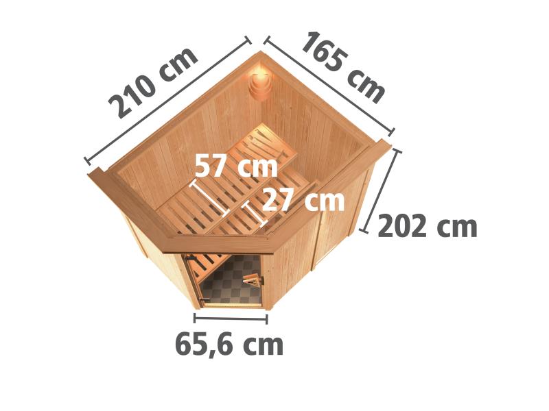 Karibu Sauna Carin inkl. 9 kW Bioofen ext. Steuerung mit moderner Saunatür - mit Dachkranz -