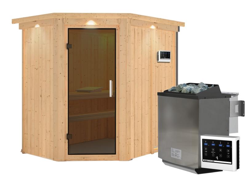 Karibu Sauna Carin inkl. 9 kW Bioofen ext. Steuerung mit moderner Saunatür - mit Dachkranz -