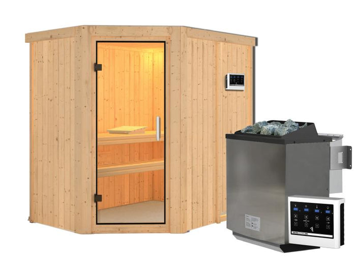 Karibu Sauna Carin inkl. 9 kW Bioofen ext. Steuerung mit Klarglas Ganzglastür - ohne Dachkranz -