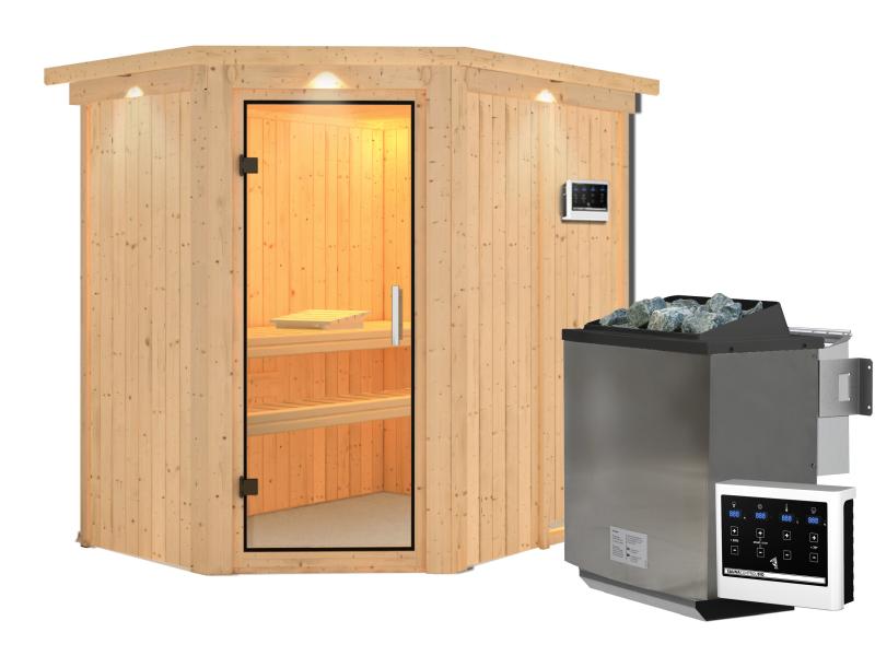 Karibu Sauna Carin inkl. 9 kW Bioofen ext. Steuerung mit Klarglas Ganzglastür - mit Dachkranz -