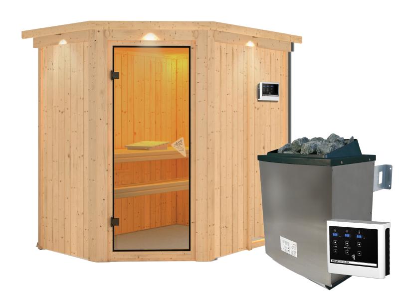 Karibu Sauna Carin inkl. 9 kW Ofen ext. Steuerung mit bronzierter Ganzglastür - mit Dachkranz -