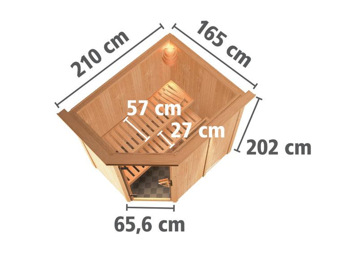 Karibu Sauna Carin inkl. 9 kW Ofen ext. Steuerung mit energiesparender Saunatür - mit Dachkranz -