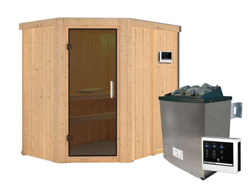 Karibu Sauna Carin inkl. 9 kW Ofen ext. Steuerung mit moderner Saunatür - ohne Dachkranz -