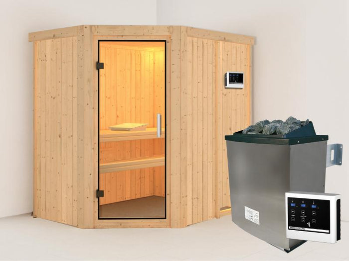 Karibu Sauna Carin inkl. 9 kW Ofen ext. Steuerung mit Klarglas Ganzglastür  - ohne Dachkranz -