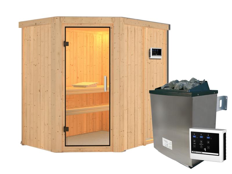 Karibu Sauna Carin inkl. 9 kW Ofen ext. Steuerung mit Klarglas Ganzglastür  - ohne Dachkranz -