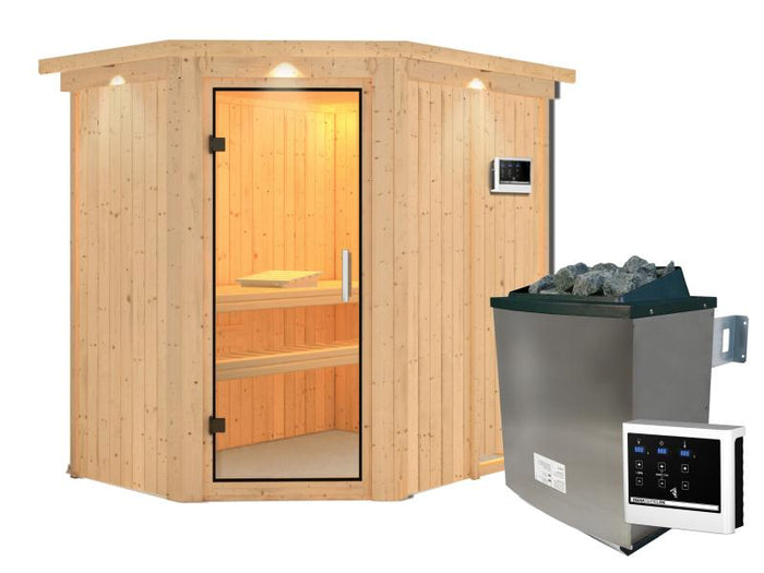 Karibu Sauna Carin inkl. 9 kW Ofen ext. Steuerung mit Klarglas Ganzglastür - mit Dachkranz -