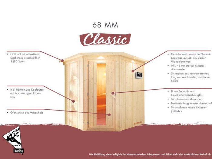 Karibu Sauna Carin inkl. 9 kW Ofen integr. Steuerung mit energiesparender Saunatür - mit Dachkranz -