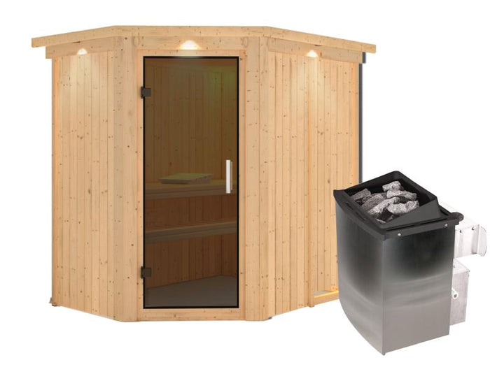 Karibu Sauna Carin inkl. 9 kW Ofen integr. Steuerung mit moderner Saunatür - mit Dachkranz -