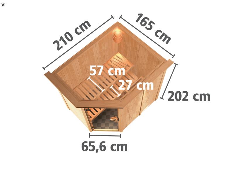 Karibu Sauna Carin ohne Ofen, mit Dachkranz, mit moderner Saunatür