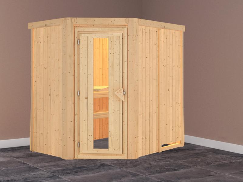 Karibu Sauna Carin ohne Ofen, ohne Dachkranz, mit energiesparender Saunatür