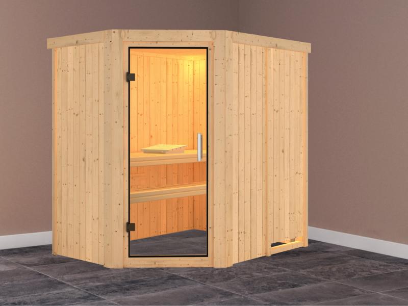 Karibu Sauna Carin ohne Ofen, ohne Dachkranz, mit Klarglas Ganzglastür