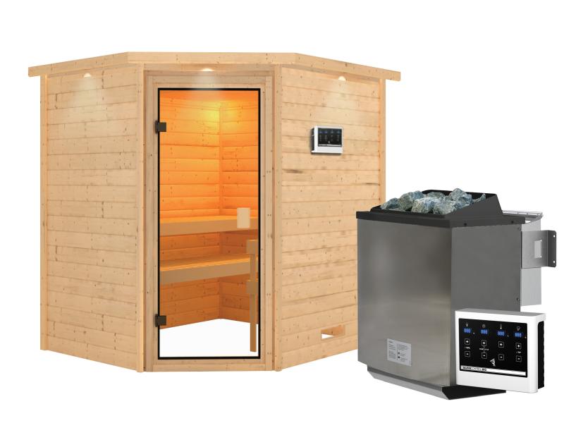 Karibu Sauna Elea inkl. 9 kW Bioofen ext. Steuerung mit klassischer Saunatür -mit Dachkranz-
