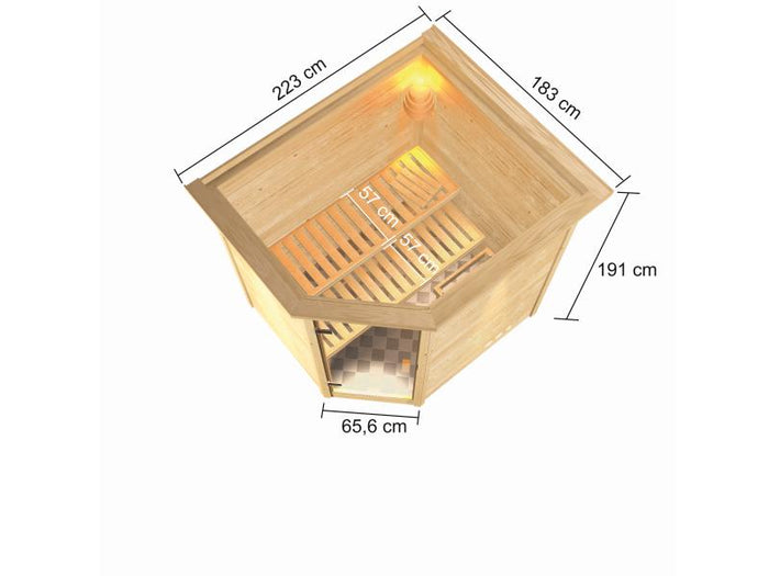Karibu Sauna Elea inkl. 9 kW Bioofen ext. Steuerung mit klassischer Saunatür -mit Dachkranz-