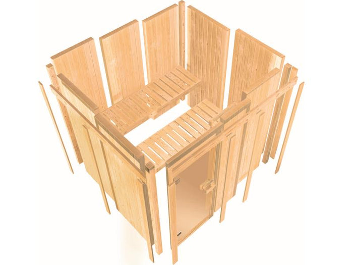 Karibu Sauna Faurin inkl. 9 kW Bioofen ext. Steuerung mit klassischer Saunatür -ohne Dachkranz-