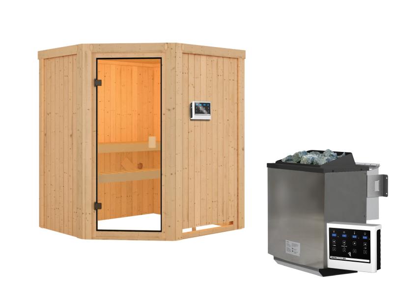 Karibu Sauna Faurin inkl. 9 kW Bioofen ext. Steuerung mit klassischer Saunatür -ohne Dachkranz-