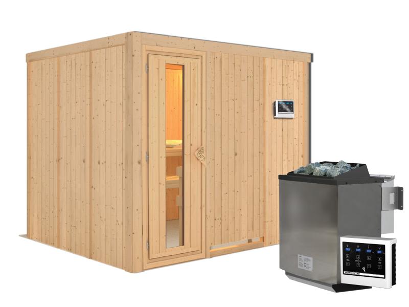 Karibu Sauna Gobin inkl. 9-kW-Bioofen mit externer Steuerung, ohne Dachkranz, mit energiesparender S