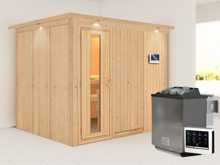 Karibu Sauna Gobin inkl. 9-kW-Bioofen mit externer Steuerung, mit Dachkranz, mit energiesparender Sa
