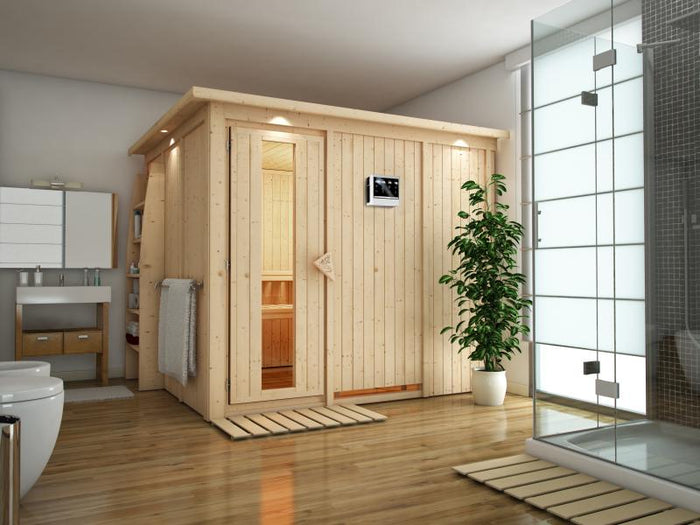 Karibu Sauna Gobin inkl. 9-kW-Bioofen mit externer Steuerung, mit Dachkranz, mit energiesparender Sa