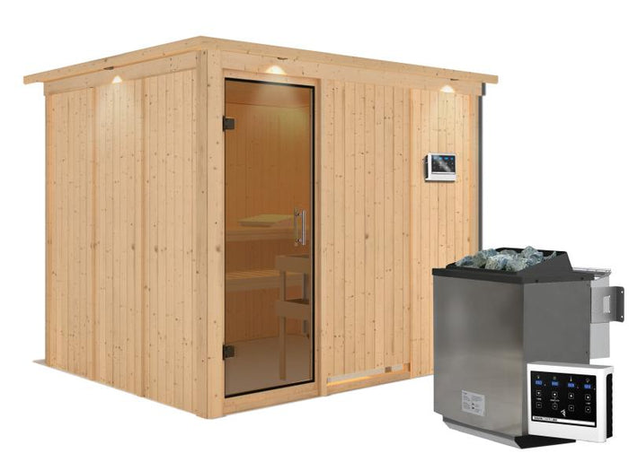 Karibu Sauna Gobin inkl. 9-kW-Bioofen mit externer Steuerung, mit Dachkranz, mit moderner Saunatür
