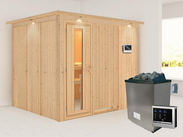 Karibu Sauna Gobin inkl. 9-kW-Ofen mit externer Steuerung, mit Dachkranz, mit energiesparender Sauna