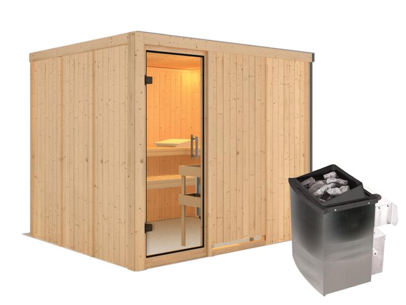 Karibu Sauna Gobin inkl. 9 kW Ofen mit int. Steuerung, ohne Dachkranz, mit Klarglas Ganzglastür