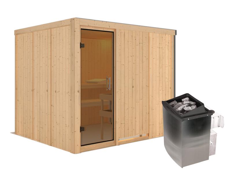 Karibu Sauna Gobin inkl. 9-kW-Ofen mit interner Steuerung, ohne Dachkranz, mit moderner Saunatür