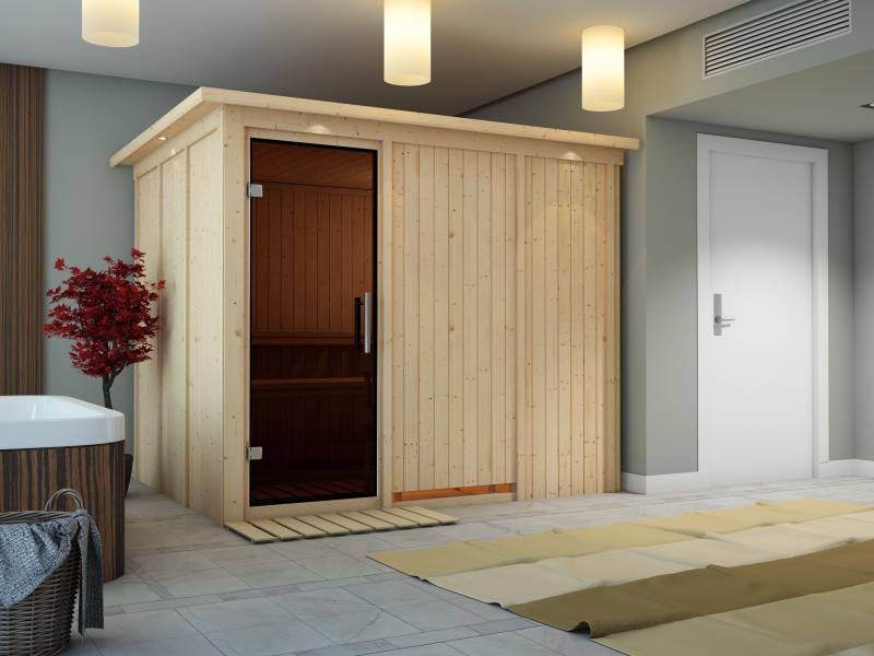 Karibu Sauna Gobin ohne Ofen, mit Dachkranz, mit moderner Saunatür