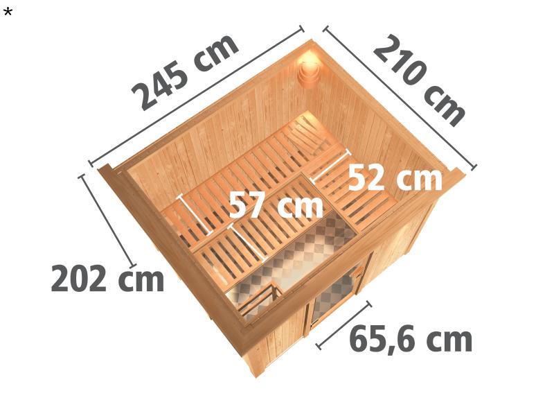 Karibu Sauna Gobin ohne Ofen, mit Dachkranz, mit Klarglas Ganzglastür