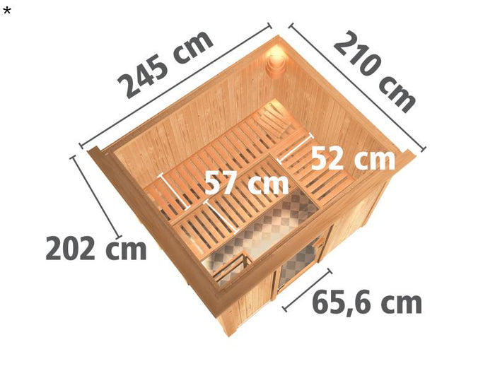 Karibu Sauna Gobin ohne Ofen, mit Dachkranz, mit Klarglas Ganzglastür