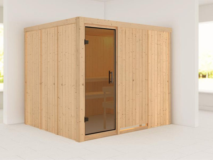 Karibu Sauna Gobin ohne Ofen, ohne Dachkranz, mit moderner Saunatür