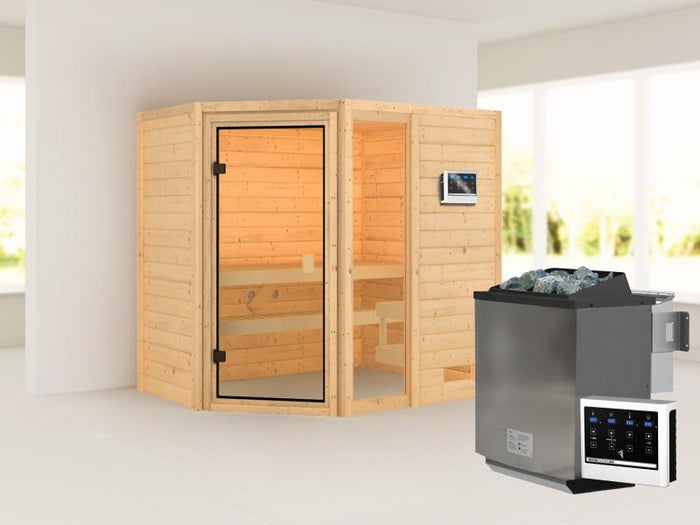 Karibu Sauna Jada mit 9 kW Bioofen ext. Strg 38 mm