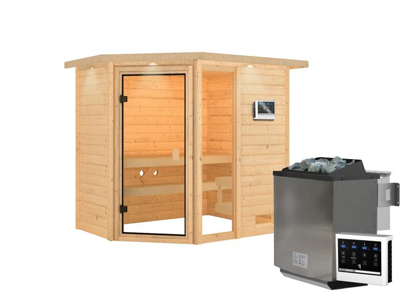 Karibu Sauna Jada mit 9 kW Bioofen ext. Strg und Dachkranz 38 mm