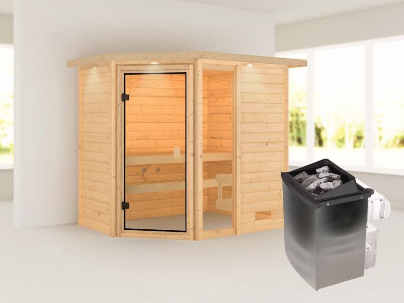 Karibu Sauna Jada mit 9 kW Ofen integr. Strg und Dachkranz 38 mm