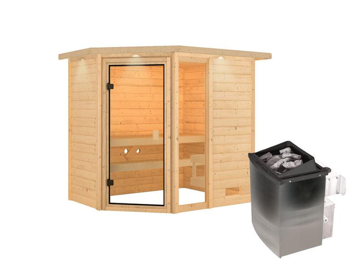 Karibu Sauna Jada mit 9 kW Ofen integr. Strg und Dachkranz 38 mm