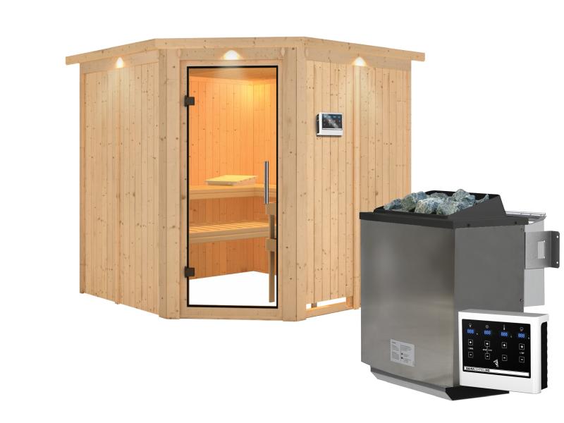 Karibu Sauna Jarin inkl. 9 kW Bio Ofen mit ext. Steuerung, mit Dachkranz, mit Ganzglas Klarglastür