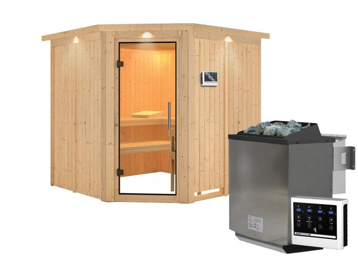 Karibu Sauna Jarin inkl. 9 kW Bio Ofen mit ext. Steuerung, mit Dachkranz, mit Ganzglas Klarglastür