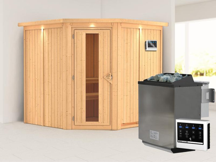 Karibu Sauna Jarin inkl. 9-kW-Bioofen mit externer Steuerung, mit Dachkranz, mit energiesparender Sa