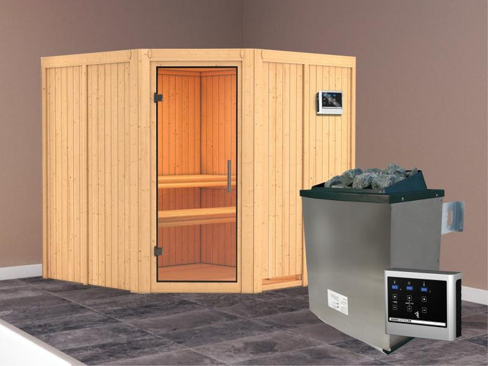 Karibu Sauna Jarin inkl. 9 kW Ofen mit ext. Steuerung, ohne Dachkranz, mit Ganzglas Klarglastür