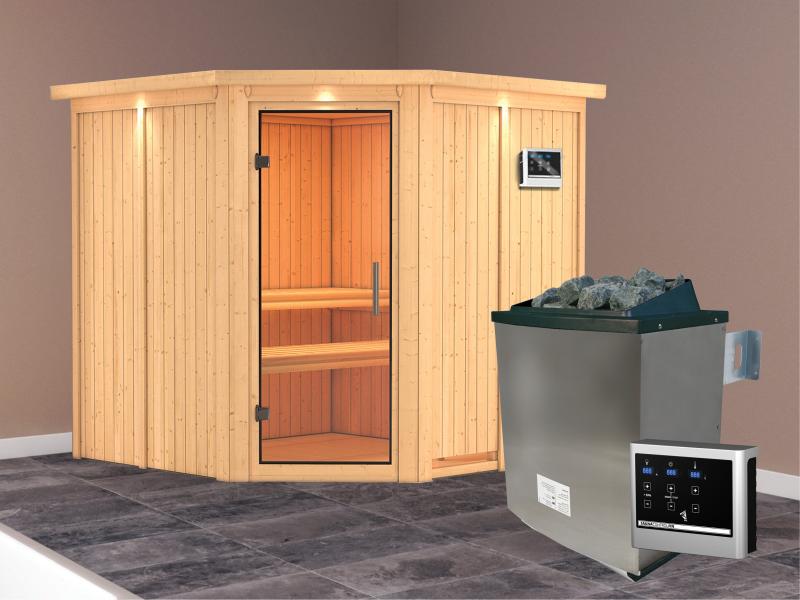 Karibu Sauna Jarin inkl. 9 kW Ofen mit ext. Steuerung, mit Dachkranz, mit Ganzglas Klarglastür