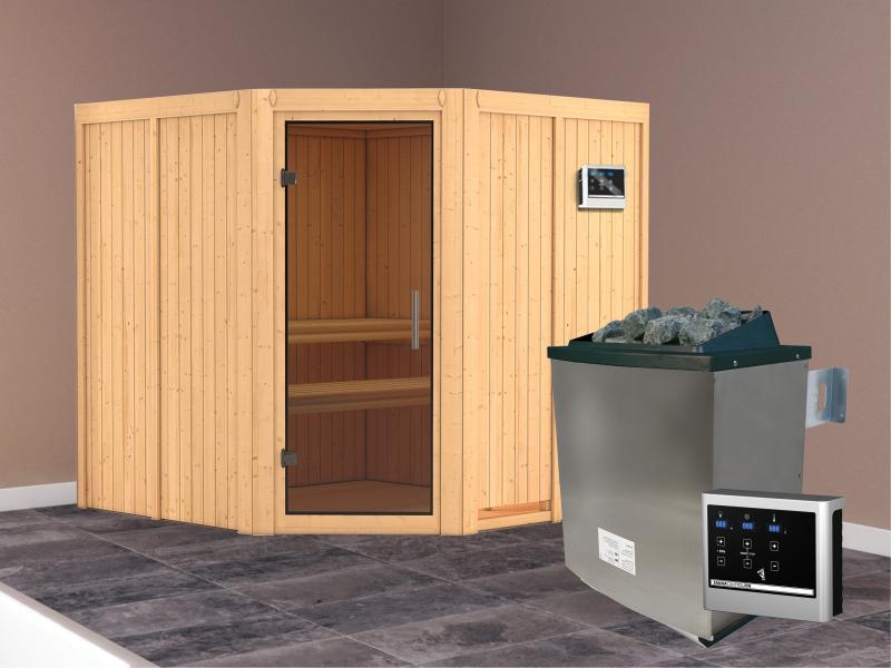 Karibu Sauna Jarin inkl. 9-kW-Ofen mit externer Steuerung, ohne Dachkranz, mit moderner Saunatür